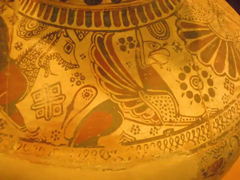 Pre-Christian crosses on oinochoe, wine jug in Greek pottery, dated 620 - 610 B.C., located at Archaeological Museum of Izmir, Turkey